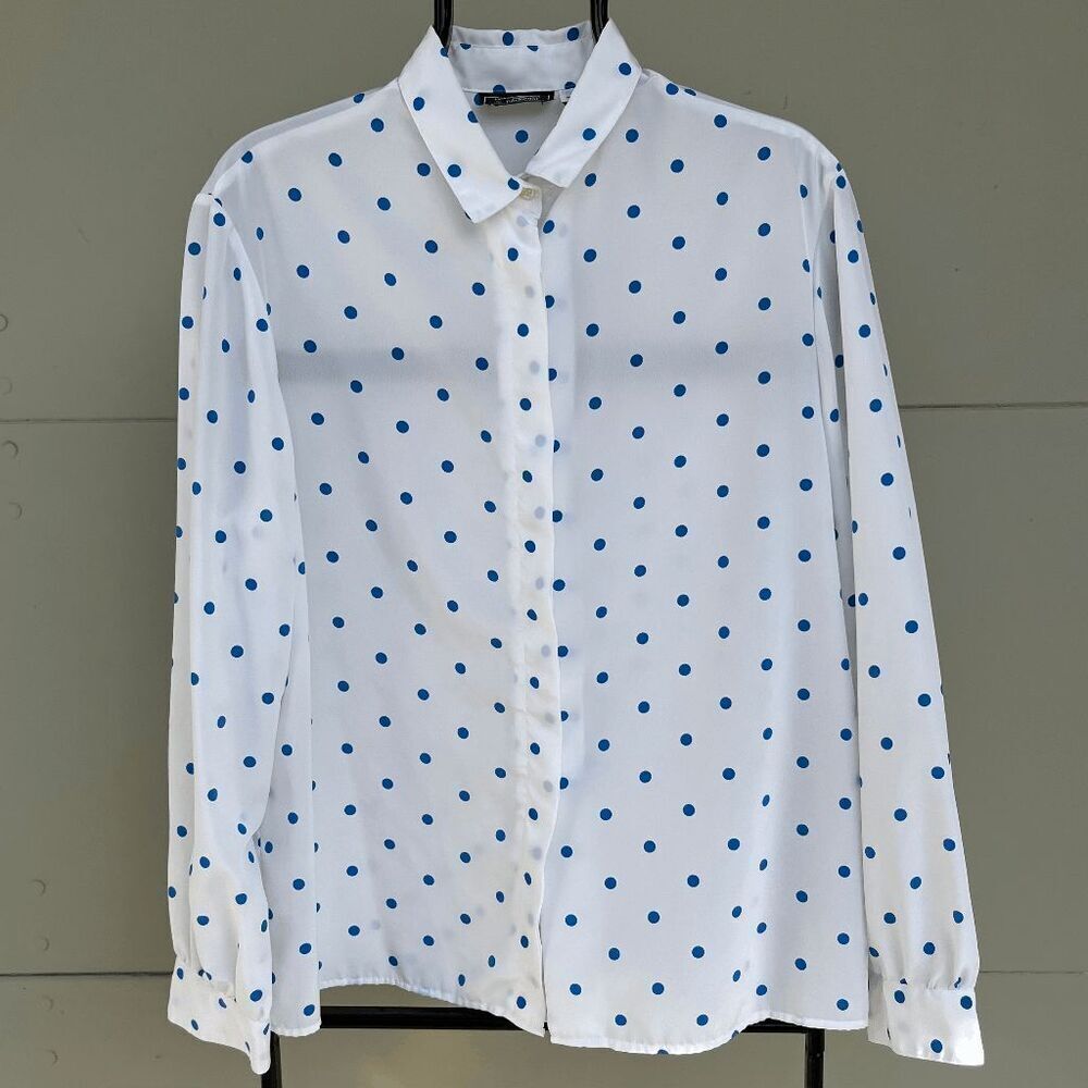 VTG Haberdashery Polka Dot Blouse White Blue Minimal Prep Retro Top L